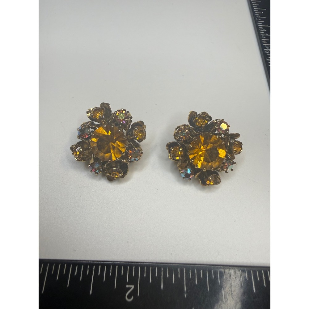 Vintage Austria Amber AB Rhinestone Floral‎ Clip On Earrings Gold Tone Statement